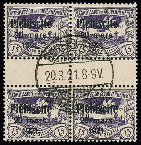 15 Pfg. gris-violet, surcharge "Plebiscite", bloc de quatre avec deux paires à interpanneau, cachet centré "Borsigwerk". Rare. Attestation Gruber. Michel sans cote