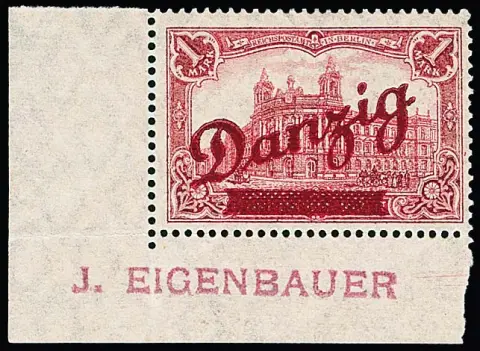 1 Mk. "grand service intérieur", coin de feuille inférieur gauche non oblitéré parfait (préplié dans la dentelure), signé Bloch, Eigenbauer, attestations photo Gruber et Kniep. Mi. 1400,- +