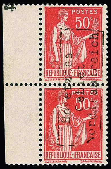 Dunkirk, 50 C. peace allegory in vertical mint never hinged margin pair with handstamp overprint in good type II from Coudekerque. Sign. Calves, Brun and attest Pieles. Mi. 1300,-