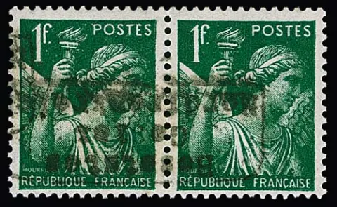 Dünkirchen 1 Fr. Iris im Paar mit kopfstehendem Handstempelaufdruck in Type I tadellos postfrisch, eine sehr seltene Marke, von der "bisher nur wenige…
