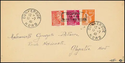 Dünkirchen 15 und 5 C. Merkur, sowie 80 C. Friedensallegorie, Handstempelaufdruck in Type I auf noch im Besitz des Publikums befindlichen Freimarken, auf…