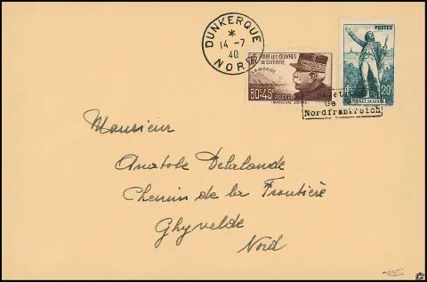 Dünkirchen 20 C. "100. Todestag von de Lisle", sowie 80 + 45 C. "Marschall J. Joffre", Handstempelaufdruck in Type I auf noch im Besitz des Publikums…