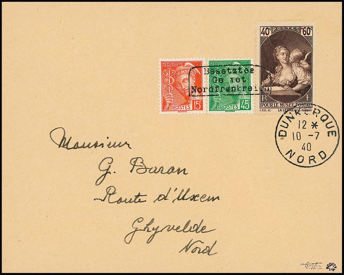 Dunkerque 40 + 60 C. "Musée postal de Paris", avec 15 et 45 C. Mercure, surcharge manuelle Type I sur timbres-poste encore en possession du public,…