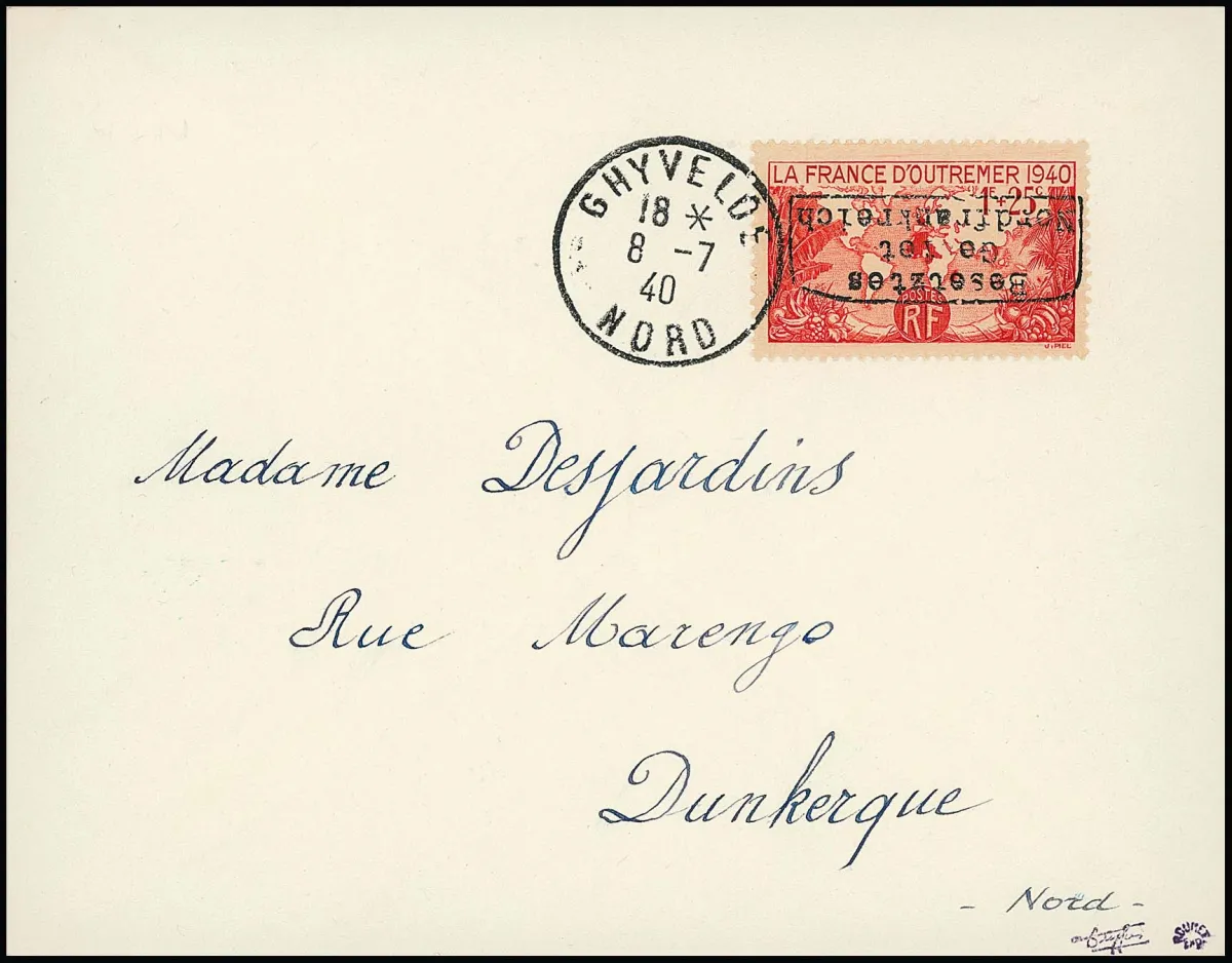 Dunkirk, 1 Fr. + 25 C. Overseas with inverted horizontal handstamp overprint Type I (on stamps still in public possession) on…