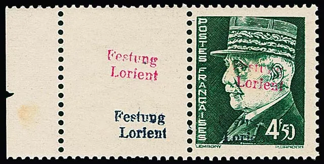 Lorient, 4,50 Fr. Petain, Handstempel-Aufdruck "Festung Lorient" in dunkelblauviolett und dunkelrosakarmin als tadellos postfrisches linkes…