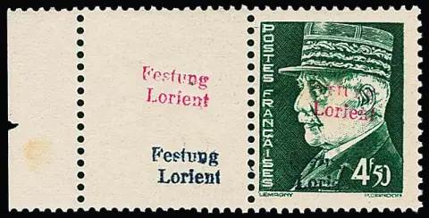 Lorient, 4,50 Fr. Petain, Handstempel-Aufdruck "Festung Lorient" in dunkelblauviolett und dunkelrosakarmin als tadellos postfrisches linkes…