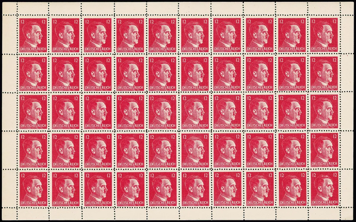 American forgeries for Germany, 12 Pfg. Hitler in complete mint never hinged sheet of 50 examples. As a sheet very rare and probably not a handful exist.