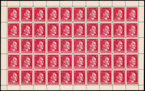 Amerikanische Fälschungen für Deutschland, 12 Pfg. Hitler im kompletten postfrischen Bogen zu 50 Exemplaren. Als Bogen sehr selten und wahrscheinlich keine…