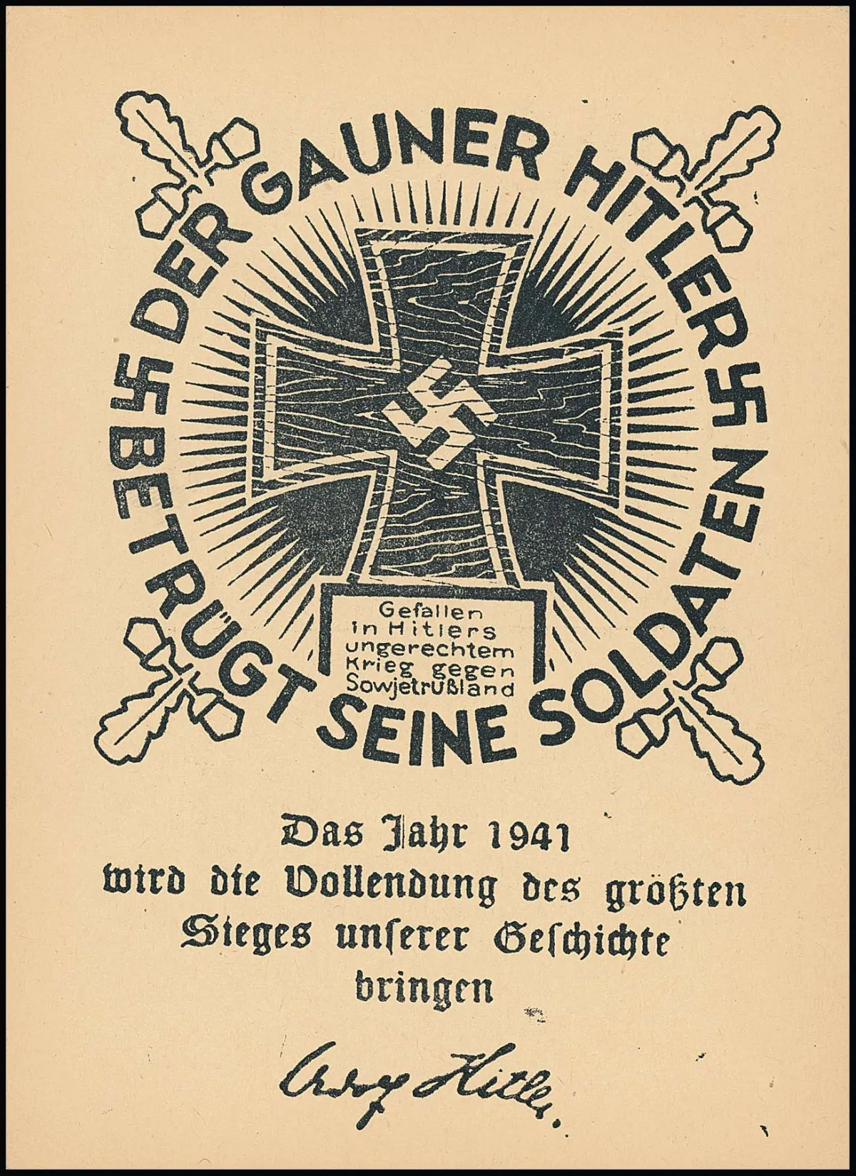 Soviet forgeries for Germany, war propaganda forgery card "Der Gauner Hitler" in excellent, flawless condition, very rare to find this well preserved! Certificate Pieles. Mi. 1700,-