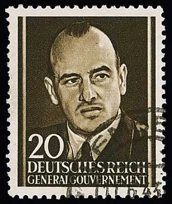 Britische Fälschungen für das Generalgouvernement, 20 Gr. Frank-Marke gestempelt in Lemberg, links geringe Zahnverkürzungen, siehe Foto, sonst ein schönes…