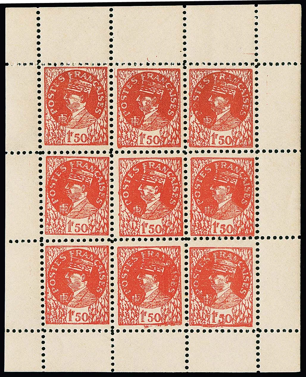 Forgeries by French resistance organizations for German-occupied France, 1.50 Fr. Pétain in complete mint never hinged miniature sheet in exceptionally good condition, certificate Pieles. Mi. 900,- +