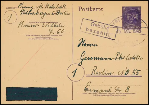 Fredersdorf, Hitler-Ganzsachenkarte 6 Pfg. mit violettem Petschaftsstempelaufdruck von Fredersdorf und Ra2 "Gebühr bezahlt", sowie entsprechendem Ovalstempel…