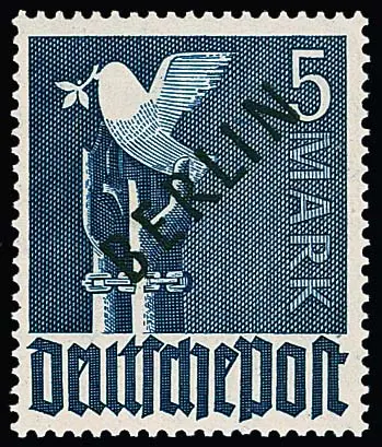 5 Mk. Schwarzaufdruck in der seltenen Farbe schwärzlichultramarin tadellos postfrisch, es sollen bisher nur zwei Bögen dieser Farbe aufgetaucht sein und im…