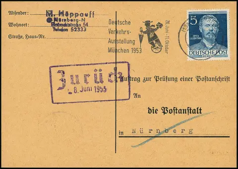 5 Pfg. Männer, tadellose und saubere Einzelfrankatur auf Anschriften-Prüfkarte von Nürnberg 1953 innerorts. Diese Einzelfrankatur-Variante gehört zu den…
