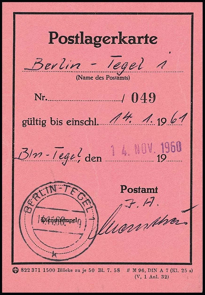 1 DM "Großer Kurfürst" as very rare single franking on "poste restante card" from Berlin-Tegel 1960, centered circular cancel
