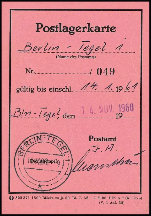 1 DM "Großer Kurfürst" als sehr seltene Einzelfrankatur auf "Postlagerkarte" aus Berlin-Tegel 1960, zentrischer Rundstempel