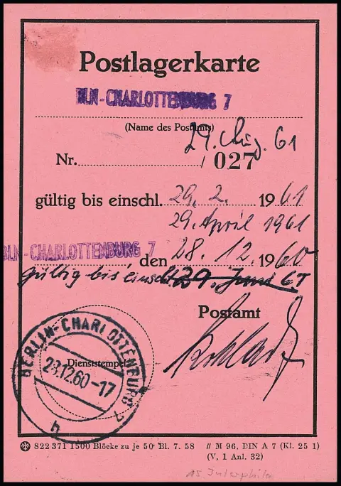 1 DM "Großer Kurfürst", sehr seltene reine Mehrfach-Frankatur von vier Exemplaren auf rosa "Postlagerkarte" aus Berlin-Charlottenburg 1961