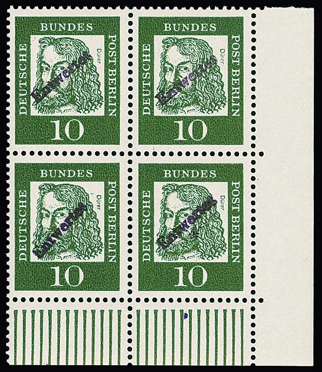 10 Pfg. Dürer mit Handstempel "Entwertet" als Probedruck ohne (statt normal mit) Wasserzeichen im postfrischen Viererblock aus der rechten unteren Bogenecke,…