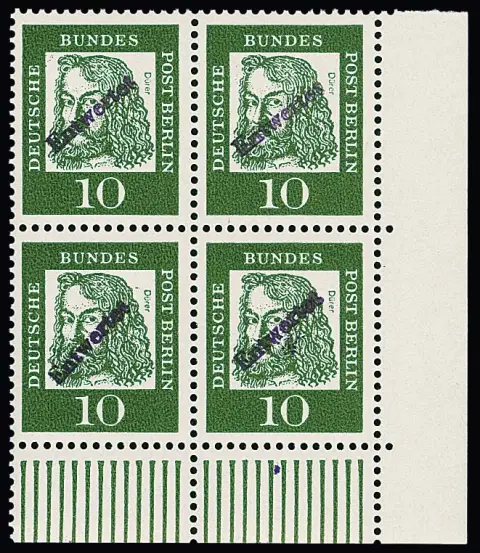 10 Pfg. Dürer mit Handstempel "Entwertet" als Probedruck ohne (statt normal mit) Wasserzeichen im postfrischen Viererblock aus der rechten unteren Bogenecke,…