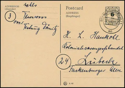 Mecklenburg-Ganzsache 6 Pfg. schwarz, seltene P791I, tadellos gebraucht von Schwerin, 20.6.1945, nach Lübeck. Eine Ganzsachen-Seltenheit (erste Auflage, Type…