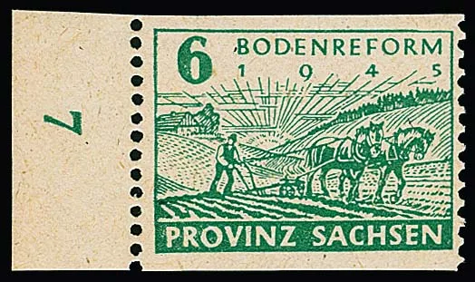 6 Pfg. Bodenreform, lebhaftgrün mit nachträglicher senkrechter Zähnung von Wittenberg tadellos postfrisch vom linken Bogenrand, Attest Jasch. Eine seltene…