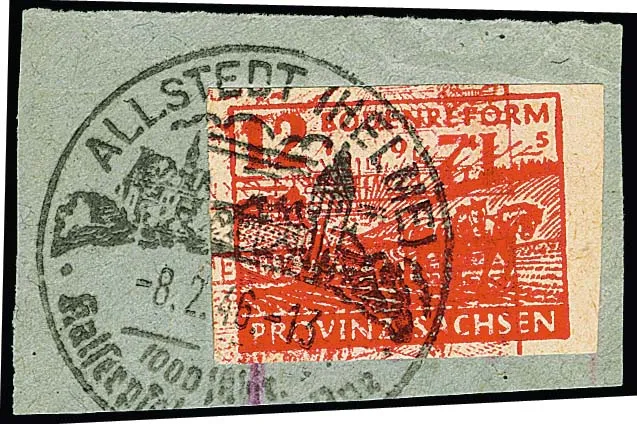 12 Pfg. Bodenreform breitrandig vom rechten Bogenrand mit Abart "doppelter Druck, der zweite kopfstehend", auf Briefstück mit Stempel "Allstedt (Helme)".…