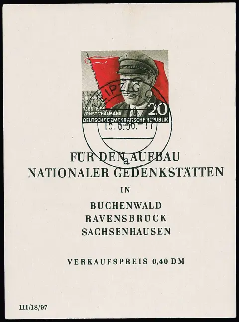 Thälmann-Block in der seltenen Erstauflage ("kurze Mützennaht") tadellos mit sauberem Gefälligkeits-Tagesstempel von Leipzig. Mi. 4000,-