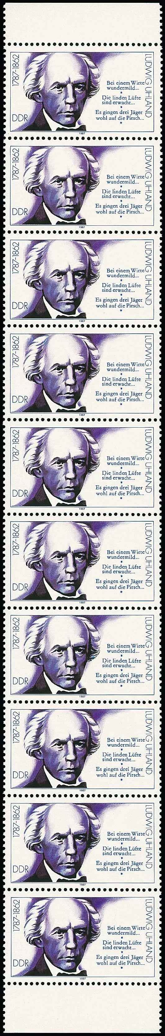 10 Pfg. Uhland, vertical mint never hinged strip of ten, each stamp with variety "without value numeral", Mi. 4000,- +