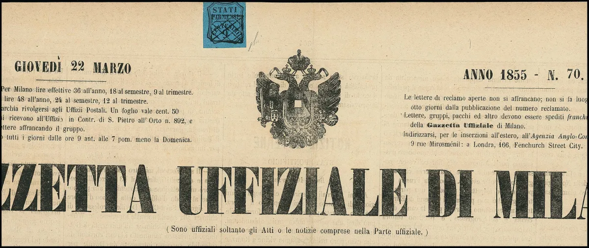 Zeitungsmarke 9 C. schw./blau, dreiseitig breitrandig, auf komplettem Zeitungskopf der Mailänder Zeitung 1855. Mi. lose gestempelt 20.000,- (Zeitung…