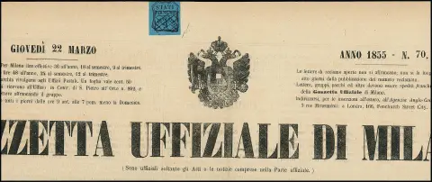 Zeitungsmarke 9 C. schw./blau, dreiseitig breitrandig, auf komplettem Zeitungskopf der Mailänder Zeitung 1855. Mi. lose gestempelt 20.000,- (Zeitung…