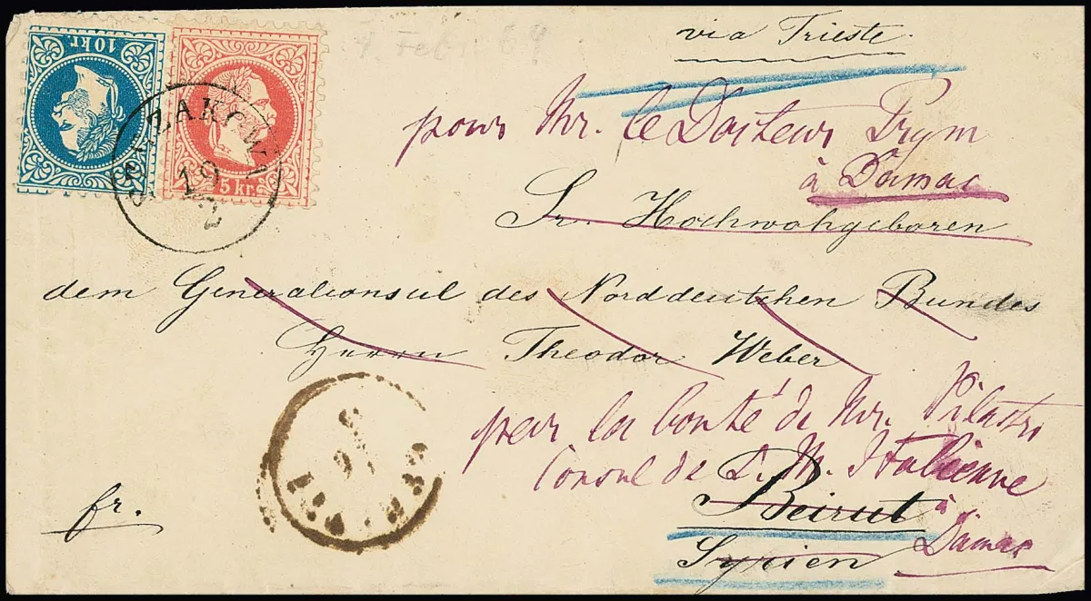 5 Kr. pink (one short perf) and 10 Kr. blue (special feature "top right two missing perforation holes") on rare diplomatic mail cover with K1 "Szcakowa" via Trieste to the Consul General of the North German Confederation in Beirut for forwarding to a recipient in Damascus 1869, forwarded from Beirut to the Italian consul in Damascus with reverse signature of the German consul. Interesting letter in original condition