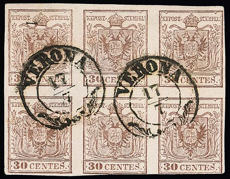 30 C. brun, papier machine, en bloc de six (timbre en bas à droite touché, amincissements), nettement oblitéré avec K2 "Verona", une unité rare, Michel seulement pour bloc de quatre déjà 9000,-, Ferchenbauer non évalué