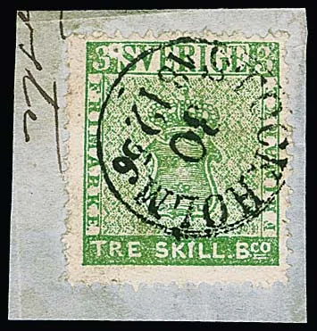 3 Sk. light green on cabinet letter piece with clear K1 "Stockholm" from 1856. Stamp with special feature "large white spot on left upper 3", certificates Obermüller-Wilen, Bühler. Mi. 4000,- +