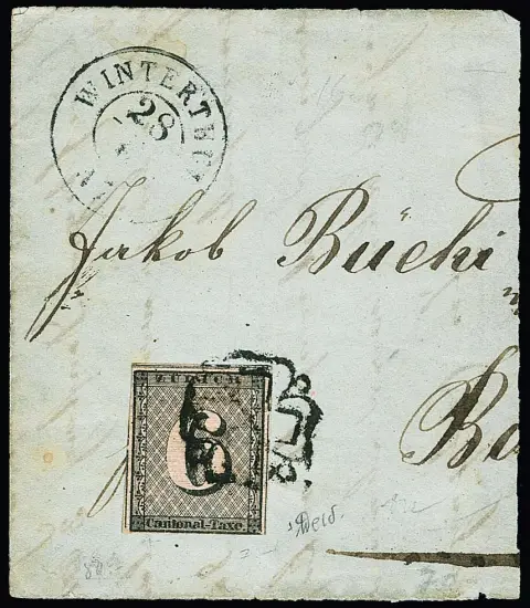 Zürich 6 Rp. schwarz, waagerechter roter Linien-Unterdruck, rechts unten etwas "Lupenrand", sonst breitrandig und tadellos, auf halbem Brief mit besserem…