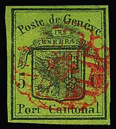 Genf 5 C. schw./gelbgrün, für diese schwierige Marke ungewöhnlich allseits sehr breitrandiges Kabinettstück mit zentrischer roter Rosette. Feld 49 des…