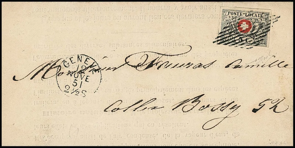 Vaud 5 C. black/red, full at bottom, otherwise wide margins, on completely original, complete cabinet postal stationery from Geneva (K1 of 12.11.1851 and federal lozenge). Sign. Nussbaum and certificate Rellstab. Mi. 3000,-