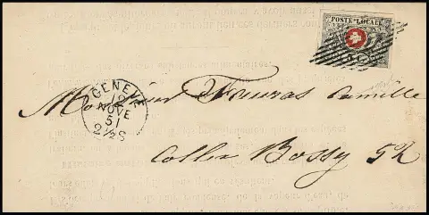 Waadt 5 C. schw./rot, unten voll-, sonst breitrandig, auf völlig ursprünglich erhaltener, vollständiger Kabinett-Drucksache von Genf (K1 vom 12.11.1851 und…