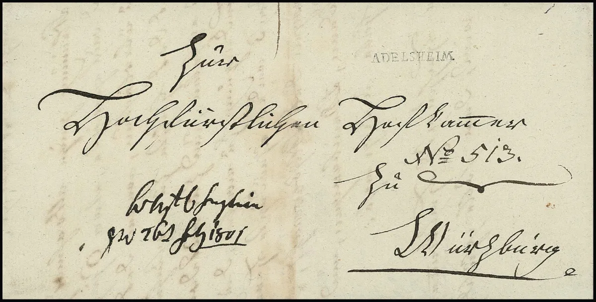 "Adelsheim", 1801, vzácný první L1, a 1806 L1 "ADELSHEIM R.2", na dvou dopisech, Feuser 15-1 (500,-) a -2