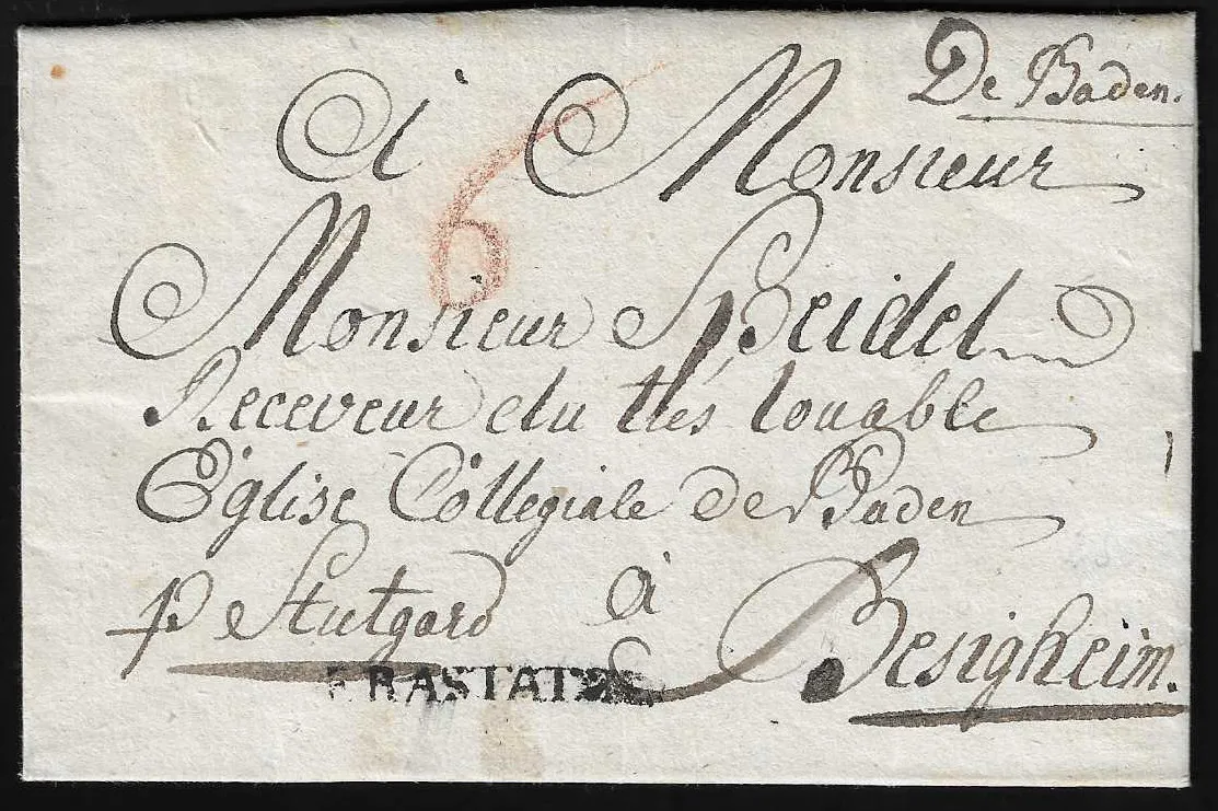 "Baden", 1785, рукописная сдача "De Baden", вместе с L1 "DE RASTATT", на письме в Безигхайм