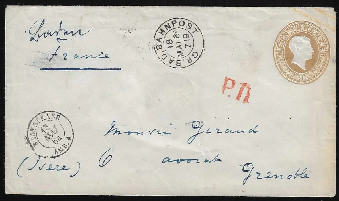 "Baden", ms. railway post posting, together with railway post K2, clear on 9 Kr. brown postal stationery to Grenoble