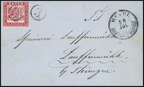 "Basel Badischer Bahnhof", K2 secondaire, timbre oblitéré par cachet horaire "3", sur lettre pliée (de Brombach 1873) avec 3 Kr. rose parfait