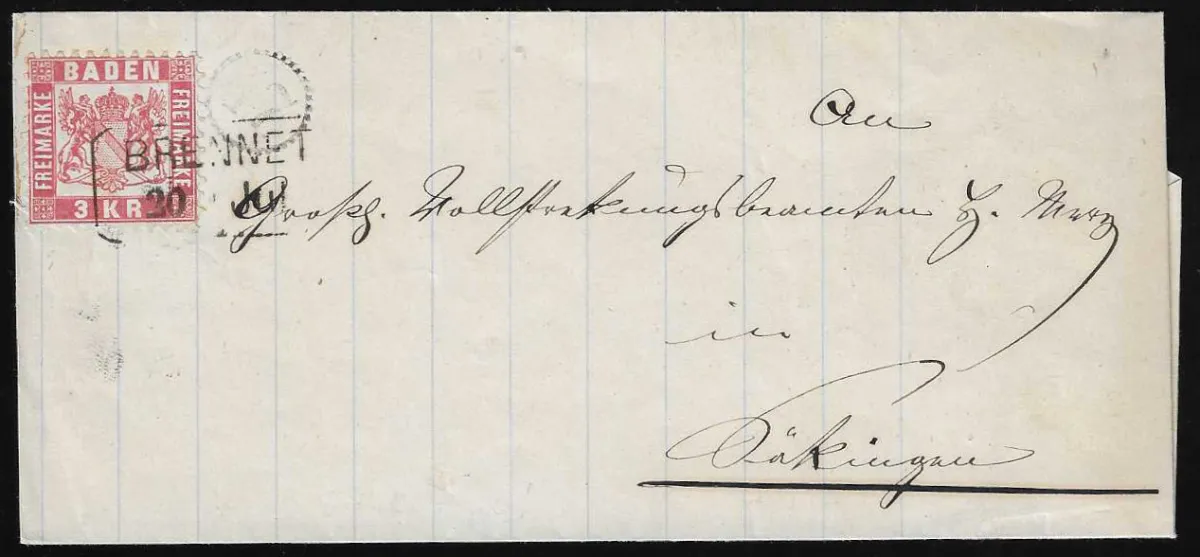 "Brennet", Billet-Ra2 as stamp cancellation, clock wheel "17" alongside, on letter 3 Kr.