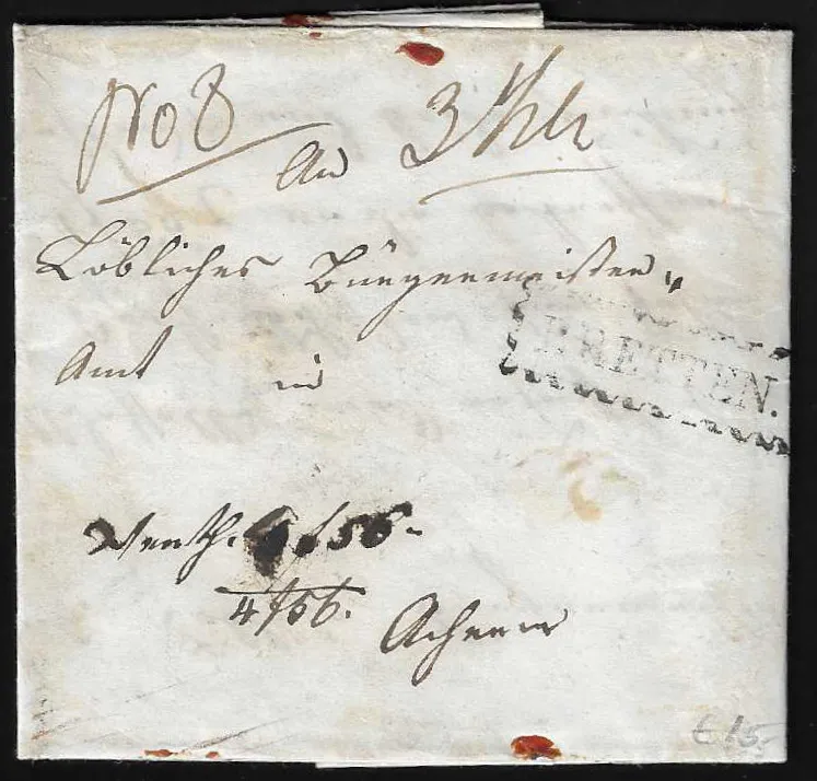 "Bretten", 1855, Zacken-Ra1 auf Wertbrief