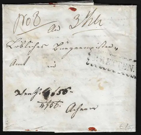 "Bretten", 1855, Ra1 dentelé sur lettre de valeur