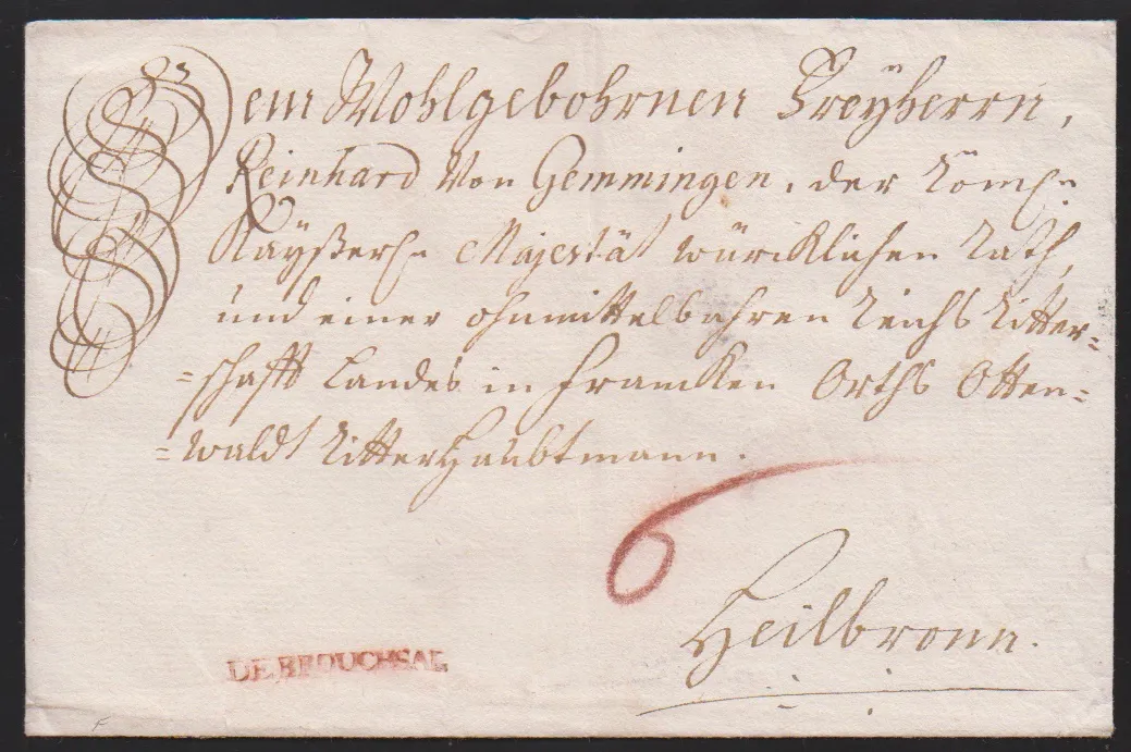 "Bruchsal", (1747), erster L1 "DE BROUCHSAL" in rot klar auf Adelscouvert