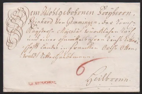 "Bruchsal", (1747), premier L1 "DE BROUCHSAL" en rouge clair sur enveloppe de noblesse
