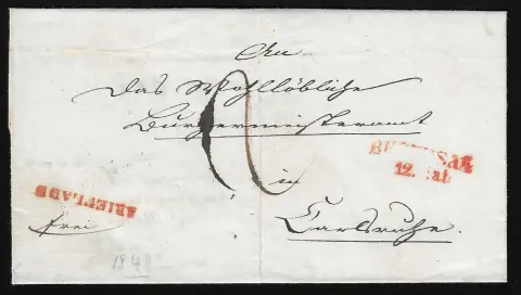 "Bruchsal", 1849, L2 rouge et L1 "Brieflade" sur lettre doublement utilisée