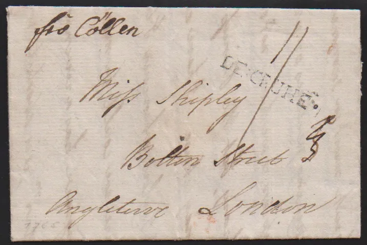 "Carlsruhe", 1785/89, první L1 "DE:CRUHE" na dvou dopisech, první raný zahraniční dopis "fro. Cöllen" do Londýna