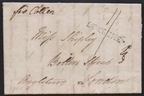 "Carlsruhe", 1785/89, premier L1 "DE:CRUHE" sur deux lettres, la première lettre étrangère précoce "fro. Cöllen" pour Londres
