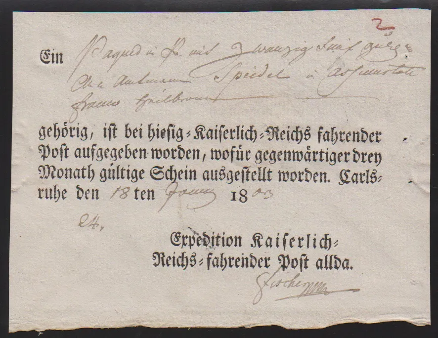 "Carlsruhe", 1803, mandat-poste imprimé local de la poste impériale